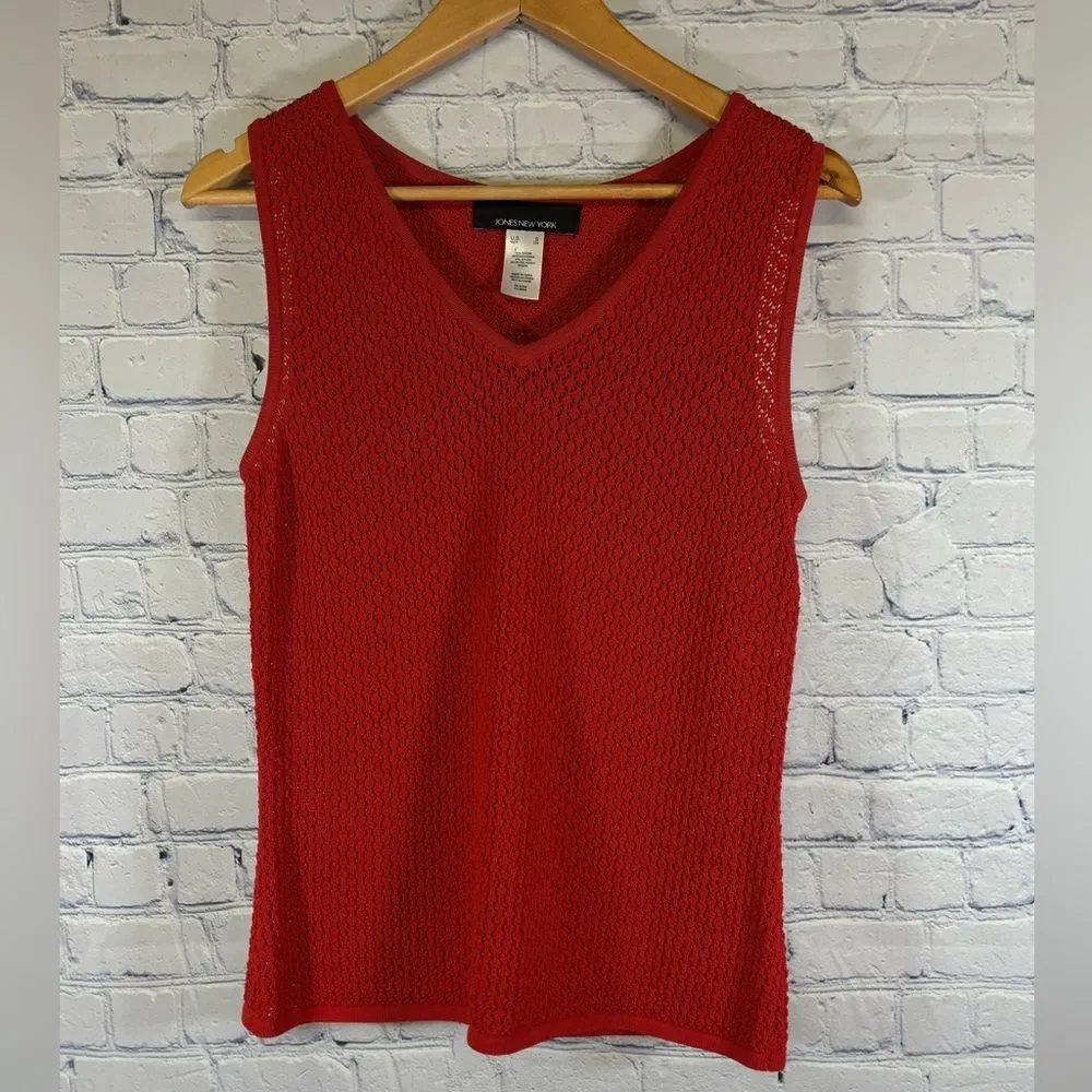 JONES NEW YORK Red Pointelle Textured Vest and Long Sleeve Tie Front Cardigan L